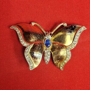 Vintage Butterfly Brooch Gold Tone Finish Clear & Blue Rhinestones